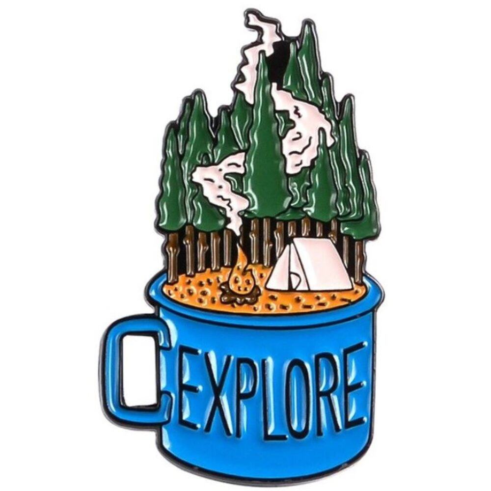 Explore Camping Fire Tent Wilderness Coffee Brooch